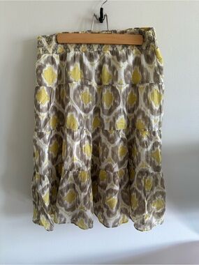 Yellow and Taupe Tiered Cotton A-Line Midi Skirt